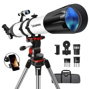 Dianfan 망원경 성인 천문학을 위한 90mm 조리개 800mm 초보자를 휴대용 전문 굴절 스테인리스 삼각대 휴대폰 어댑터 포함 가방