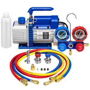VIVOHOME 110V 1/4 hp호환 3.5 CFM 단일 스테이지 로터리 베인 공기 진공 펌프 및 HVAC 에어컨 냉장 충전용 R134A AC 매니폴드 게이지 세트 키트 파란색