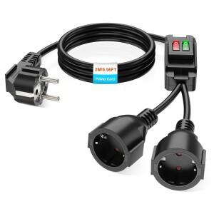 Eu 플러그 40cm/2m 연장 코드 듀얼 소켓 4000W 16A 250V 제어 스위치 가정/사무실/실외에 적합 검정색