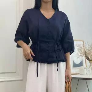 [옷자락]여성 클래식 린넨 브이넥 7부 스트링 프릴 블라우스