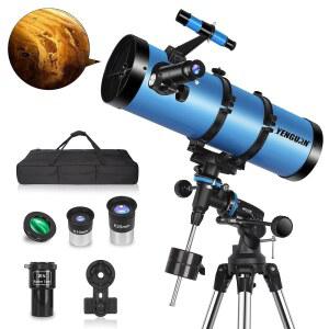 Telescope150EQ 성인용 고출력 전문 뉴턴 반사판 망원경 천문학 초보자를 위한 휴대용 가방 포함 스테인리스 삼각대 필터 휴대폰 어댑터 블루