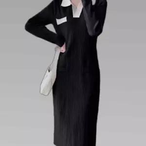 화이트 카라 배색 니트 롱원피스 라인 원피스 세로