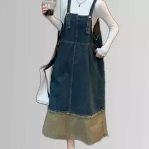 데님 배색 멜빵 롱원피스 밑단포인트 빈티지 캐주얼룩