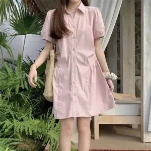 여름 데일리 퍼프소매 셔링 카라 원피스 단추원피스 퍼프소매 반팔원피스 원피스