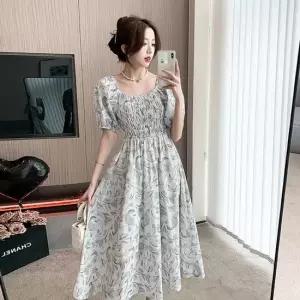 비치룩 바캉스룩 러플리 퍼프소매 플라워패턴 원피스 여자반팔원피스 여름원피스