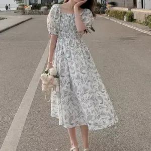 러블리 여성 원피스 A라인 스퀘어넥 여름 바캉스룩 퍼프소매원피스 플라워원피스