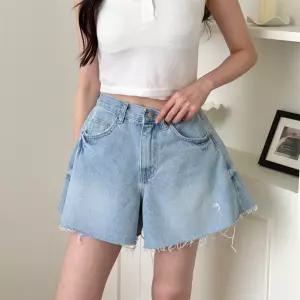여자 연청 컷팅 와이드핏 A라인 여름쇼츠 청반바지