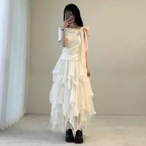 여자 발레코어 언발 쉬폰 캉캉 프릴 시스루 롱스커트25537642588872