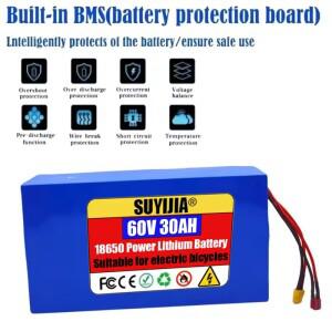 새로운 60V 30Ah 리튬 배터리 팩 16S8P 0-3000W 고출력 전기 자동차 스쿠터 오토바이 세발자전거 + 2A