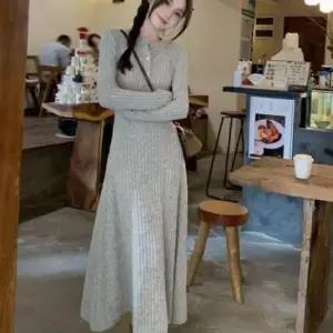 그레이 골지원피스 니트원피스 슬림 플레어 니트