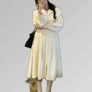여성 코듀로이 골덴 롱원피스 퍼프 소매 카라넥 V넥