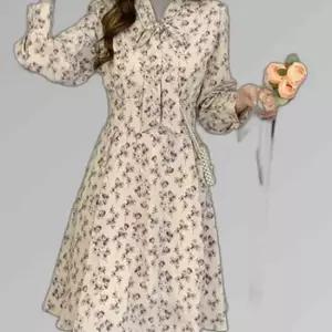플라워 원피스 플레어 디자인 브이넥 리본 스트링