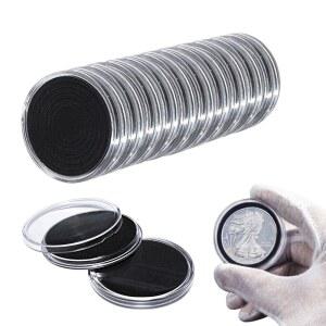 동전보관함 16 20 25 27 30 35 40 46mm 직경에 검은 켓과 10PCS 투명 플라스틱 동전 캡슐 케이스 스토리지 홀더 정리함