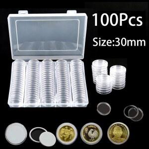 동전보관함 100Pcs 30mm 지우기 동전 캡슐 홀더 케이스 투명 기념 수집 가능한 보관 상자 컬렉션 용품
