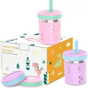 트론코 2팩 실리콘 슬리브 방수 빨대 및 보관 뚜껑 BPA 프리 스무디 스낵 컵 식기세척기 안전한 2in1