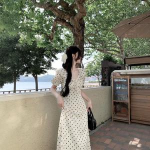 원픽 여성 트렌디한 여름 롱 러플 퍼프 슬리브 폴카 도트 드레스