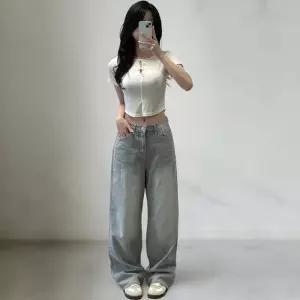 [옷자락]여성 그레이 진 루즈핏 와이드 로우라이즈 여름 청바지