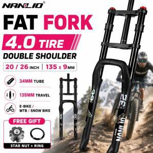 NANLIO 팻 바이크 에어 서스펜션 포크 20/26인치 4.0-5.0 타이어 더블 크라운 MTB 135mm 트래블 34mm 스탠