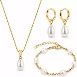 3Pcs 여성용 골드 펄 주얼리 세트 - 14K 도금 목걸이 귀걸이 및 팔찌 콤보에는 결혼식이나 그녀를 위한