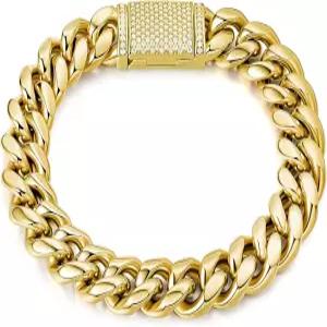 시스넉 12mm 헤비 마이애미 쿠바 링크 팔찌 14K 화이트 골드 도금 316L 스테인리스 스틸 스 아웃 랩