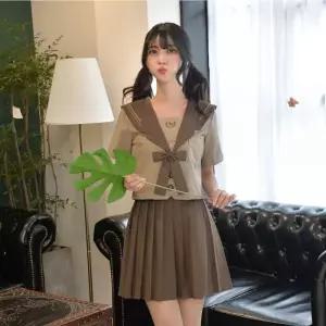 [하프클럽/]베이지색 세라복 반팔 교복 플리츠 스커트 여고생 코스프레 원