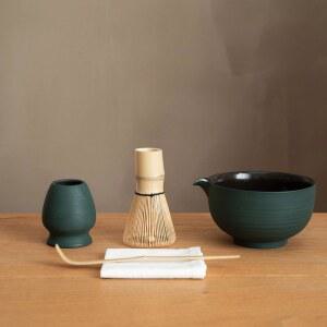 WUSEI 6개 일본산 말차 거품기 세트, 수제 세라믹 말차 세트 볼(차완), 대나무 거품기(차센) 및 홀더, 스쿱, 체 및 티 타월, 말차 의식용 키트(청록색 녹색)
