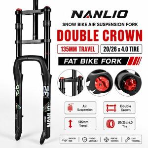Nanlio 더블 크라운 팻바이크 에어 서스펜션 포크 20/26x4.0 타이어 MTB E-Bike 135mm 트래블 자전거 부품
