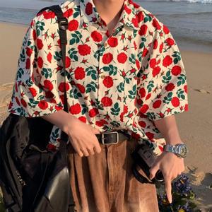 키체샵 남성 플러스 사이즈 하와이 해변 스타일 셔츠레트로 로즈 전체 프린트 반팔 셔츠
