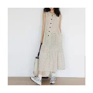 바바라옷장 259059 - 도트 버튼 3단 린넨면 롱원피스 루즈핏 빅사이즈 여름원피스 린넨원피스 면원피스 40