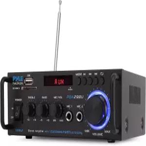 Pyle 200W 블루투스 컴팩트 파워 앰프 듀얼 노래방 마이크 입력이 있는 무선 2채널 오디오 수신기 RCA USBA