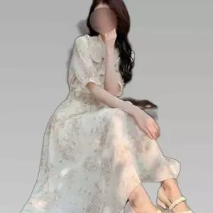 쉬폰 소재 브이넥 리본스트링 포인트 허리밴딩 원피스