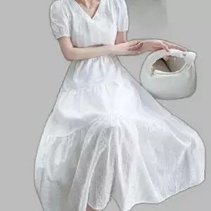 퍼프소매 펀칭 플레어 롱원피스 소매 밴딩 브이넥