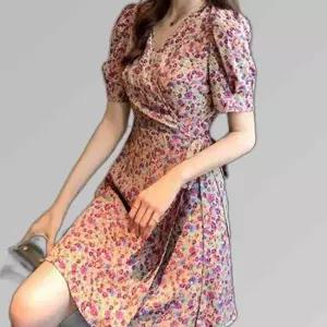 플라워 랩원피스 허리스트링 어깨셔링 퍼프소매 A라인