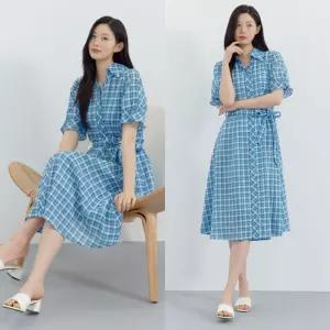 지센 여성 26SS 수입 원단 멀티체크 셔츠형 핏앤플레어 원피스 LFOPQ502