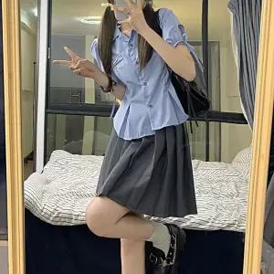 블라우스 세라복 반팔 스카이블루 리본 핀턱 교복몰