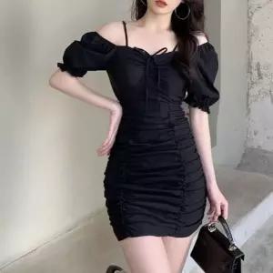 으 오프숄더 슬림 원피스 여름 주름 H라인 쉬폰 흰색