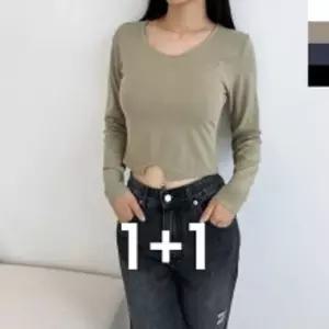 1+1 GSS ET9968 여자 라이크 텐션 스쿱넥 크롭티 셔츠 크롭 넥티 긴팔
