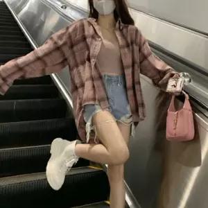 핑크 체크셔츠 가을겨울 여리여리 루즈핏 캐주얼 남방여자오버 시스루 반팔 크롭 여성 블라우스 빅카라 실