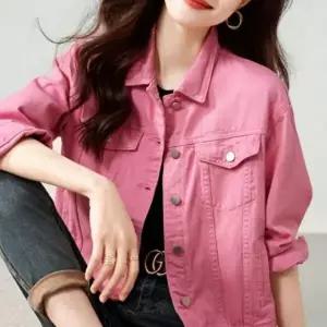 데님 재킷 여성 핑크 포켓 청자켓 레트로 데일리 아우터-WFP5XBV