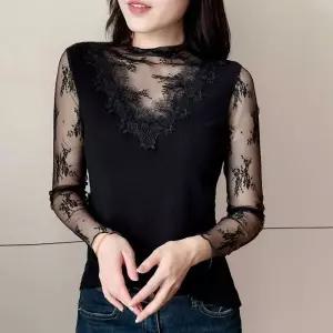 라인댄스복 상의 여성 메쉬 레이스 색상 블랙 사진 티셔츠 s
