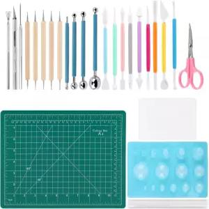 26pcs 폴리머 점토 도구 세트 아크릴 롤링 핀으로 조각 도팅 디테일 바늘 및 절단 보석 귀걸이 도자기