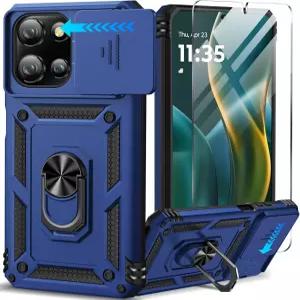 모토로라 Moto G 5G 2025 케이스파란색 화면 보호필름 슬라이드 카메라 렌즈 커버 포함 내장 360° 회전 자
