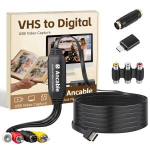3피트 VHS-디지털 컨버터 MAC/WINDOWS용 비디오 캡처 카드 VCR VHS HI8 MINIDV USB 2.0 RCA-USB 및 S-비디오 USB-C 어댑터 포함 전체 소프트웨어 가이드 포함