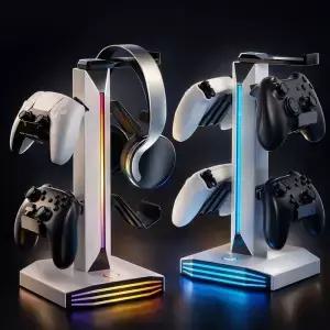 7가지 조명 모드를 갖춘 RGB 게임 컨트롤러 홀더 랙 헤드폰 스탠드 USB 충전 2개 및 PS5/PS4/Xbox/Switch