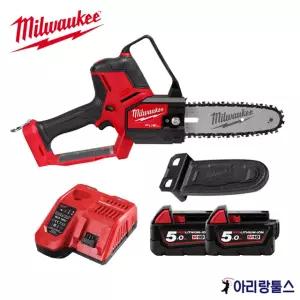 밀워키 M18 FHS20-502B M18 FUEL 8인치 체인톱 5.0Ah 배터리 2팩 충전기 케이스 포함