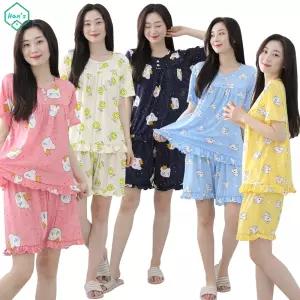 프릴 아이스 쿨 여성 잠옷 반팔 파자마 강아지 실내복 주니어 여름 왕관 세트
