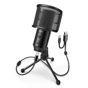 컴퓨터 및 Mac용 팝 필터가 장착된 FIFINE USB 데스크톱 PC 마이크 게임 스트리밍 녹화용 스튜디오 콘덴서 마이크 음소거 버튼 폰 잭 추가 USB C 플러그 K683A