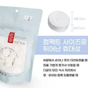 코인티슈 지퍼100 압축 휴대 물티슈 국산 무균 무형광 무알콜 무포름알데히드 무방부제