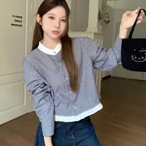 차이나셔츠 스트라이프 프릴 배색 셔츠 LL-1006586