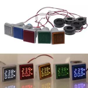 미니 디지털 전압계 전류계 22mm 사각형 AC 20-500V 0-100A 앰프 볼트 전압 Double display Gold